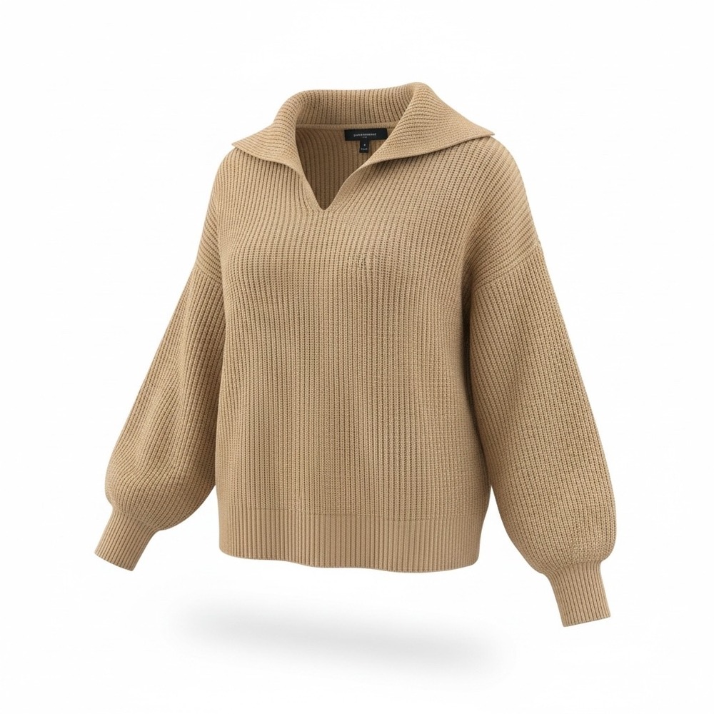 Banana Rep Ribbed Balloon Sleeve Johnny Collar Sweater Tan SM Oversized Chunky